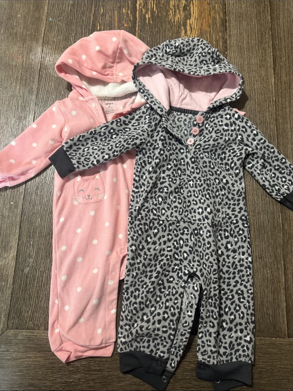Carter’s 9M Fleece Hooded Romper Bundle Pink Cat & Leopard One Piece Set